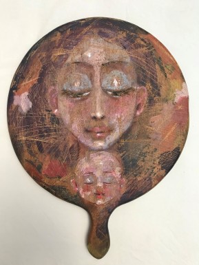 ST011 Samer Tarabichi « Le visage de ma mère » Acrylique et coups de couteau sur une planche à découper Approx 40x50 cm
